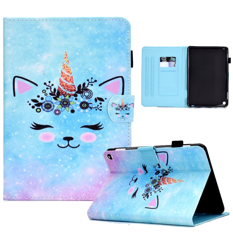 Leather tablet case with sewing pen slot, cute cat face artwork, folio stand and card slot
