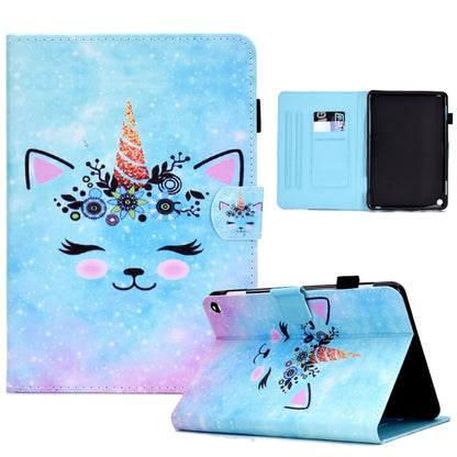 Leather tablet case with sewing pen slot, cute cat face artwork, folio stand and card slot