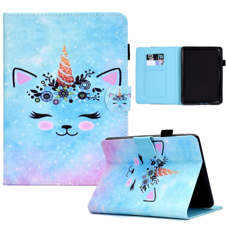 Light blue leather tablet case with cat face, fold stand and pen slot