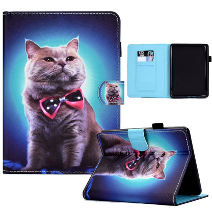 Leather tablet case with sewing pen slot, cat face bow tie print, open card holder view