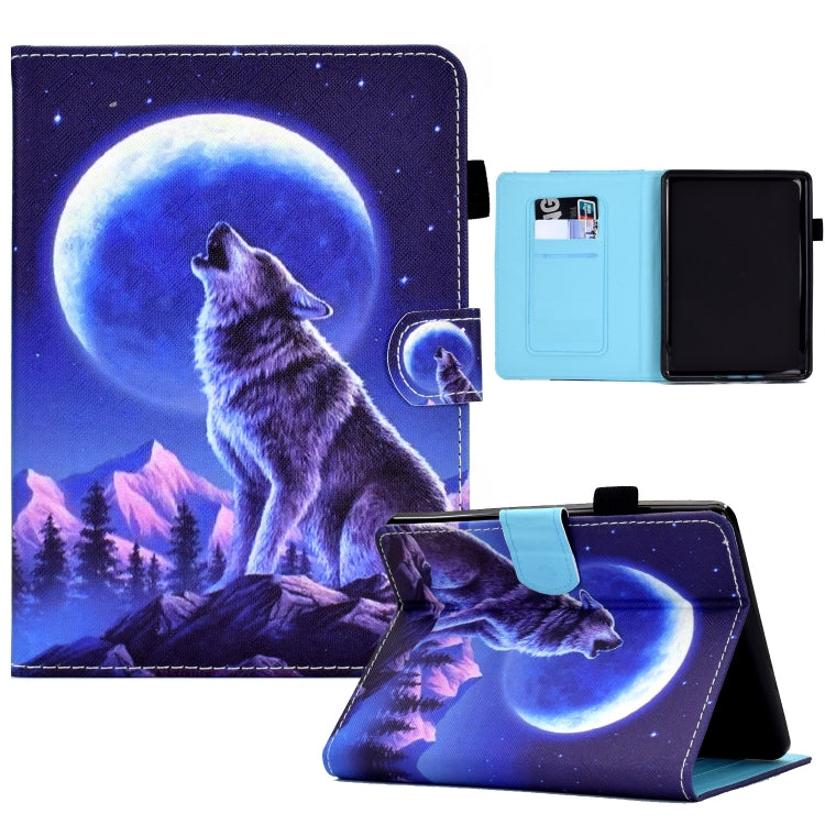 Leather tablet case with sewing pen slot, wolf moon scene design, open card holder pocket