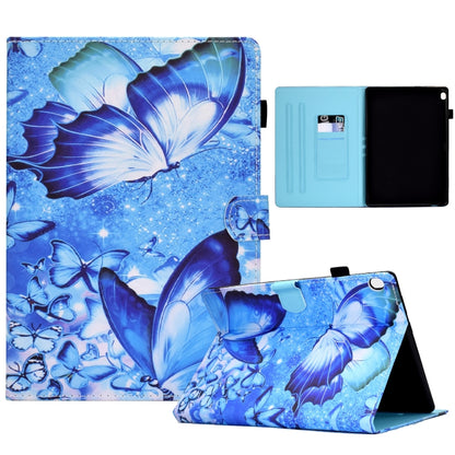Blue butterfly print tablet case with pen slot and folding stand, protects tablet