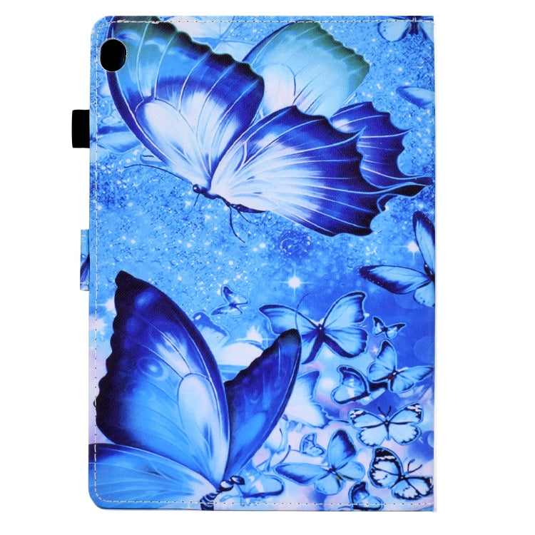 Blue butterfly print tablet case with pen slot and top button cutout, back view