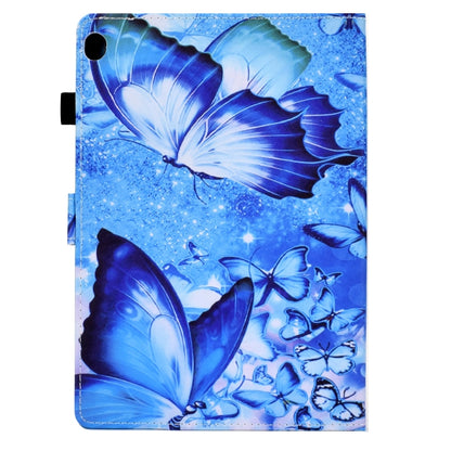 Blue butterfly print tablet case with pen slot and top button cutout, back view