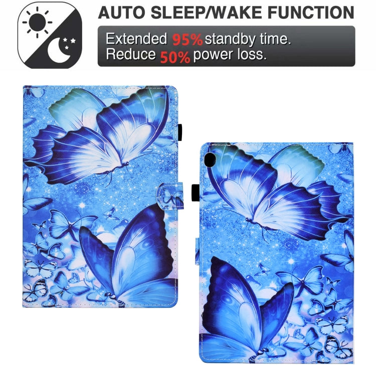 Blue butterfly print tablet case with pen slot, front and side stand views