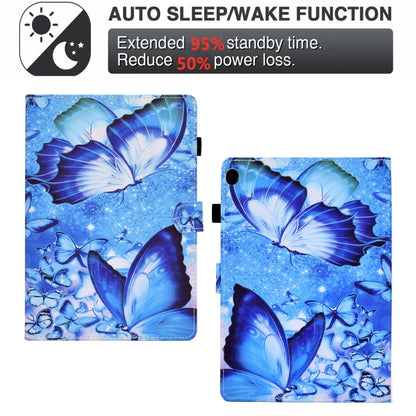 Blue butterfly print tablet case with pen slot, front and side stand views