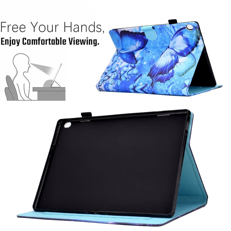 Blue butterfly print folio tablet case with pen slot, standing cover with black interior