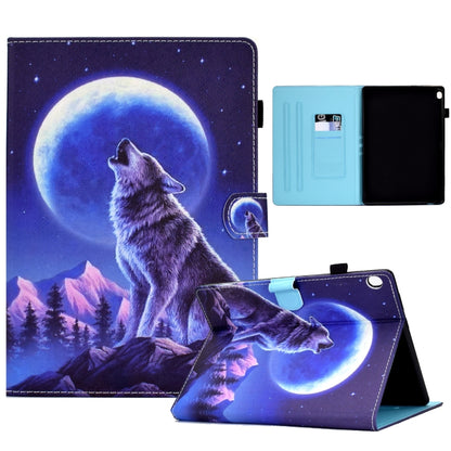 Leather tablet case with wolf under full moon print, pen slot, and flip stand