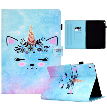 Leather tablet case with unicorn cat face print, pen slot, and flip stand