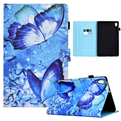 Blue butterfly print tablet case with pen slot, open cover and folding stand