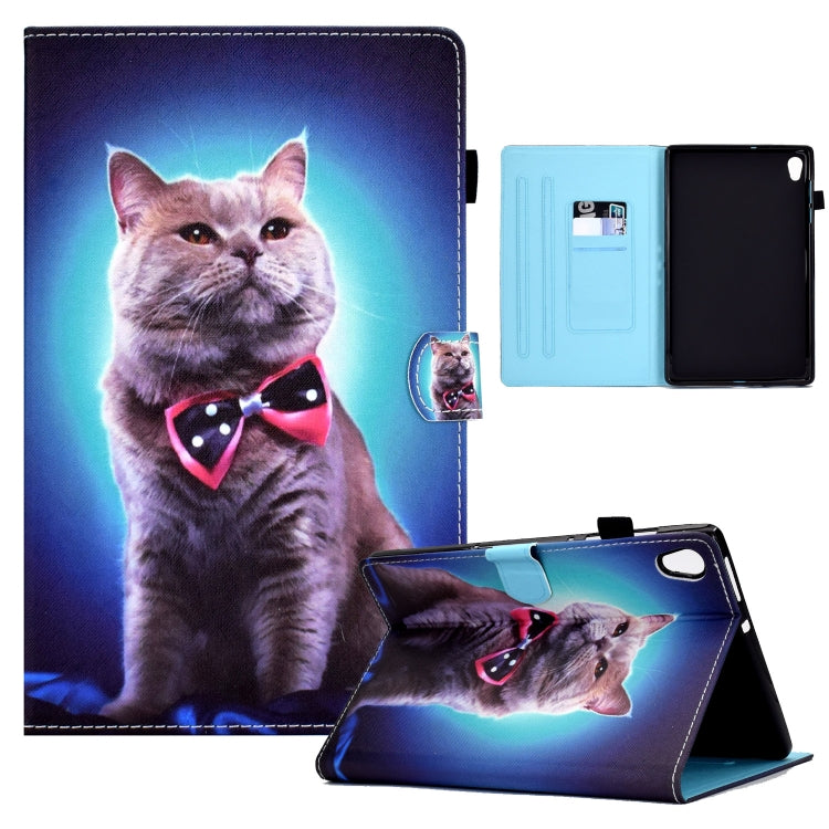 Leather tablet case with cat bow-tie illustration, pen slot, and flip stand