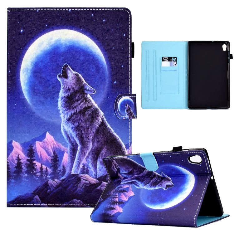 Leather tablet case with moon wolf print; open folio shows card slots and stand