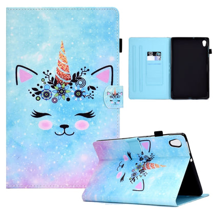 Leather tablet case with unicorn cat print; open folio shows card slots and stand