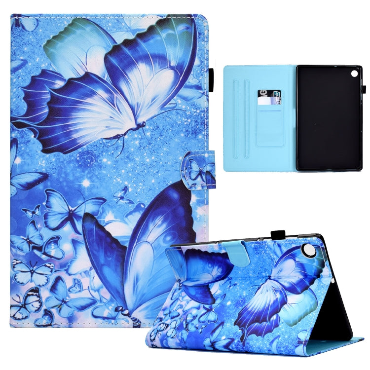 Blue butterfly print tablet case with pen slot, open cover and stand with side buttons