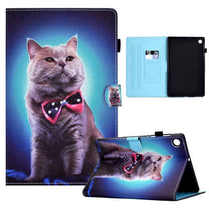 Leather tablet case with cat bow-tie print; open folio shows card slots and stand