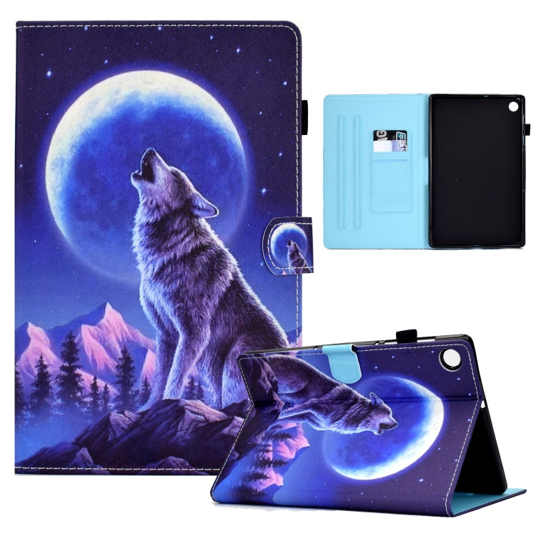 Leather tablet case with moon wolf artwork, pen slot, and supported flip stand