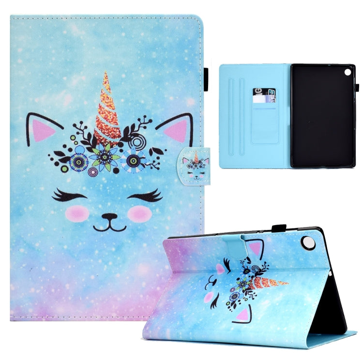 Leather tablet case with unicorn cat artwork, pen slot, and supported flip stand