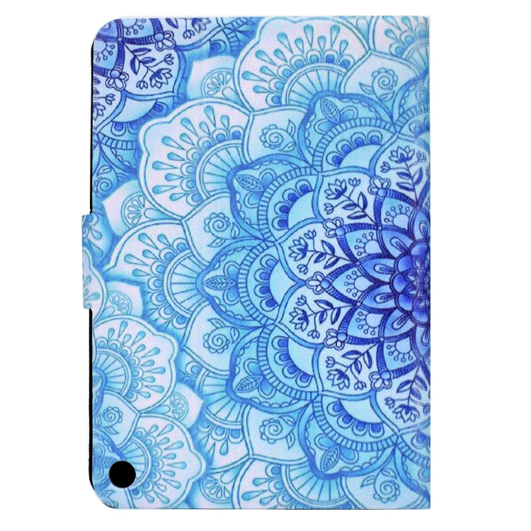 Blue and white mandala folio tablet case with side button cutout