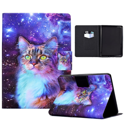 TPU tablet case with galaxy cat print, open folio cover and front stand view