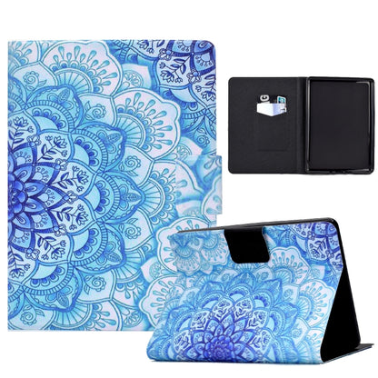 Blue mandala tablet folio case with front cover and open black stand compartment