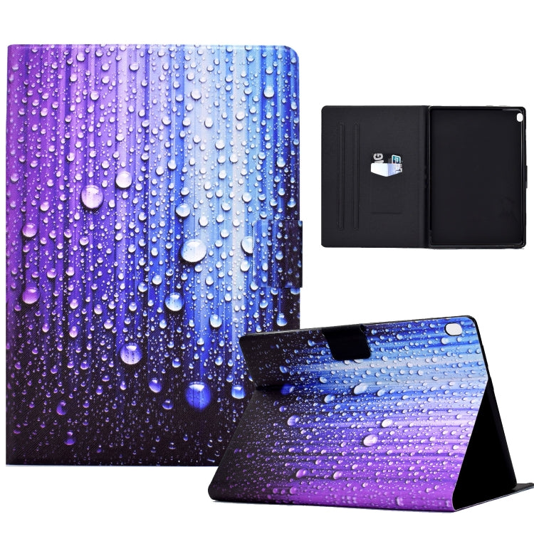 Purple-blue water droplet tablet case with kickstand; side view with inner black open cover