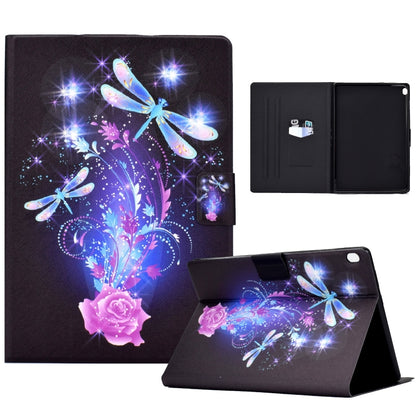 Tablet folio case with dark dragonfly floral print, front flap, and open inner pocket