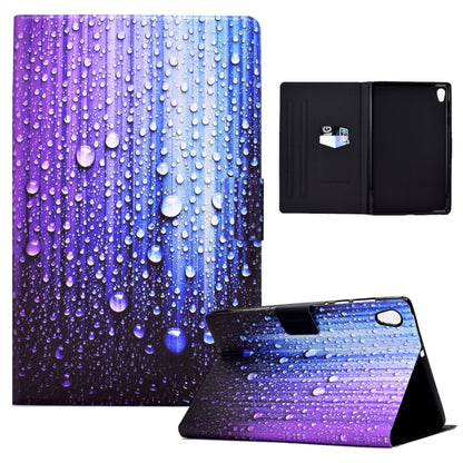 Purple-blue water droplet tablet case with kickstand; open cover shows black interior