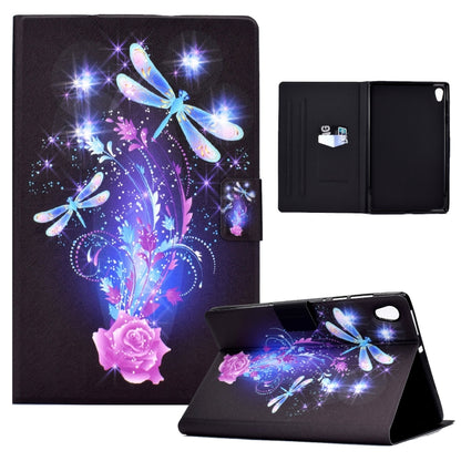 Stand-up tablet folio case with dark blue dragonfly floral print and black inner cover