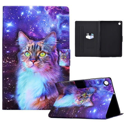 TPU tablet case with galaxy cat print, open folio showing inner slot area and front stand