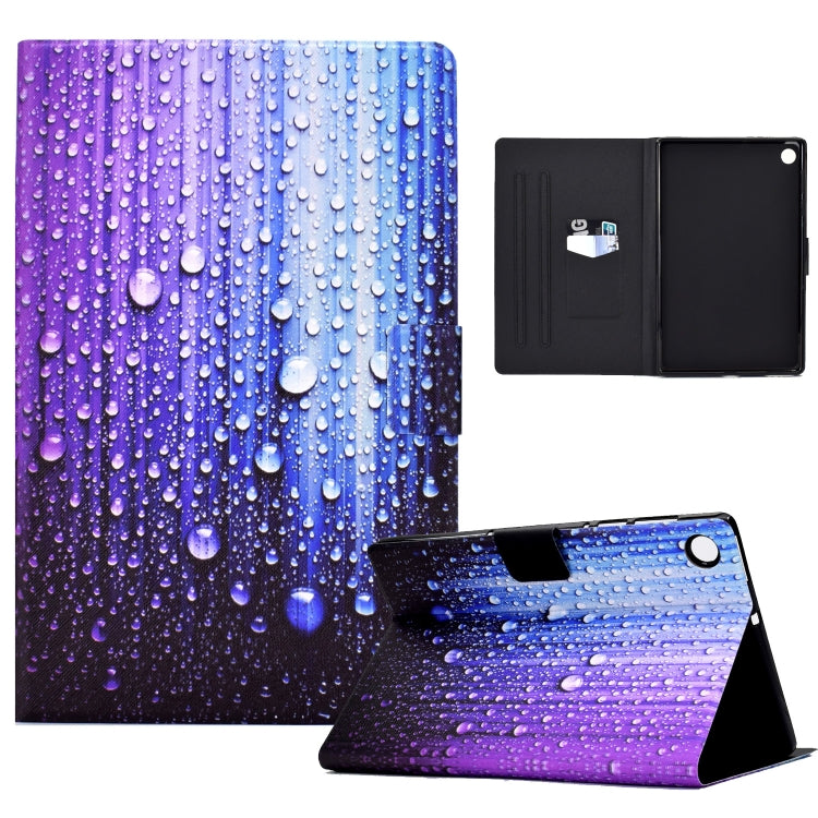 Purple-blue water droplet tablet case with kickstand; open case view with black backing