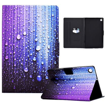 Purple-blue water droplet tablet case with kickstand; open case view with black backing