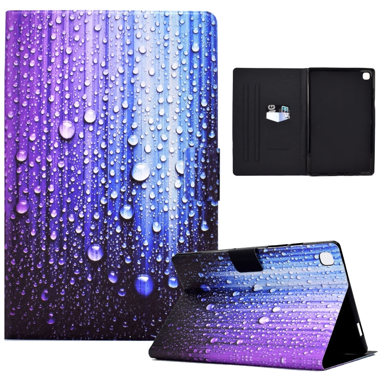 Purple-blue water droplet tablet case with kickstand; open flap and black inside pocket