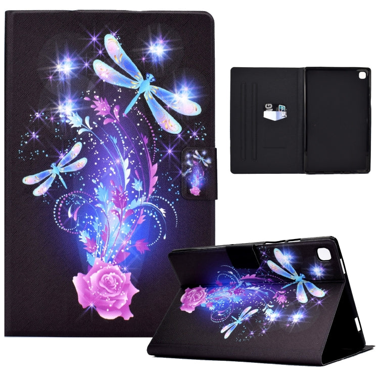 Tablet folio case with dark dragonfly floral artwork, open inner panel and stand