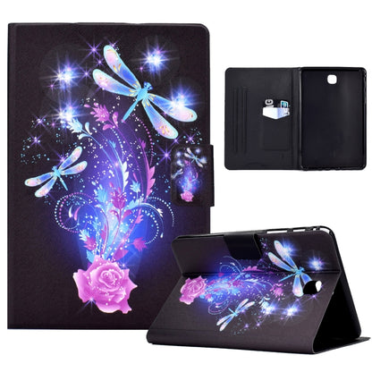 Tablet folio case with dark blue dragonfly floral print, stand cover, and open pocket