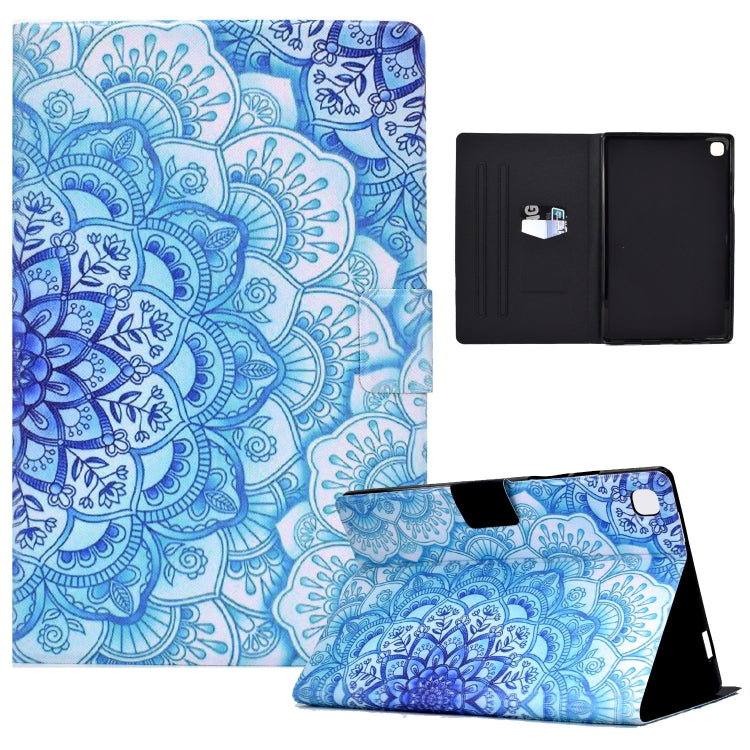 Blue mandala tablet case with flip stand and black interior for device protection
