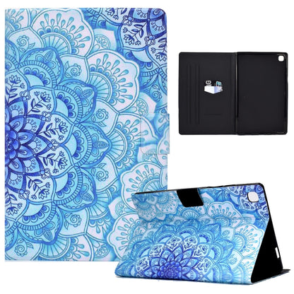Blue mandala tablet case with flip stand and black interior for device protection