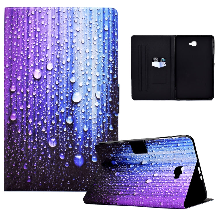 Purple-blue water droplet tablet case with kickstand; open front flap and black interior