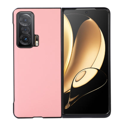 Pink phone case with black edge trim, triple-camera cutout and side opening