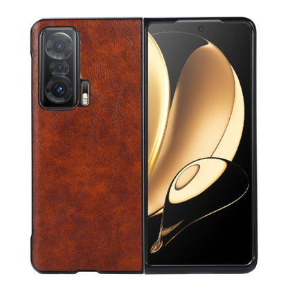 Orange-brown leather protective phone case with camera cutout and side opening