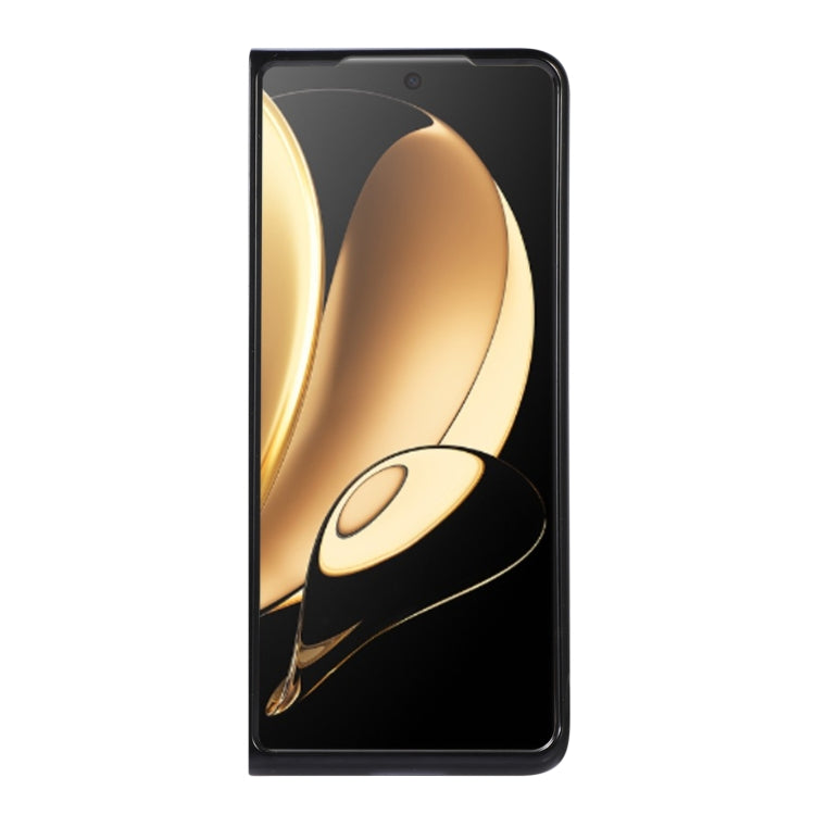 Smartphone front view with gold-and-black curved logo wallpaper