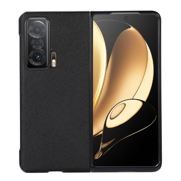 Black genuine leather phone case with textured finish, camera cutout and side port openings