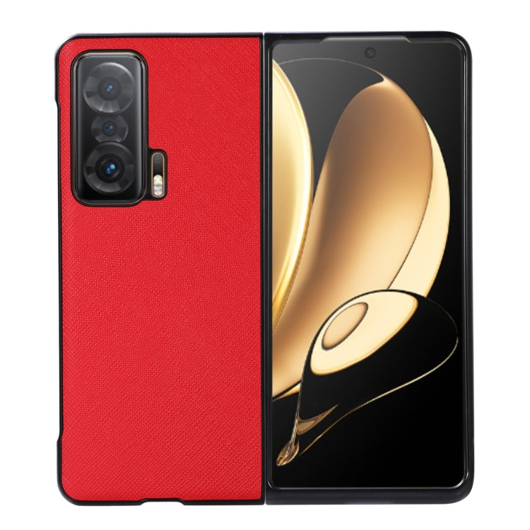 Red genuine leather phone case with textured finish, camera cutout and side port opening