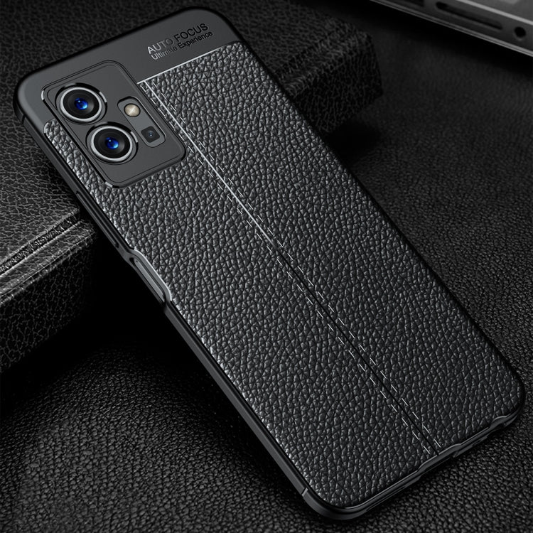 Black litchi-textured TPU phone case with precise side buttons and camera openings