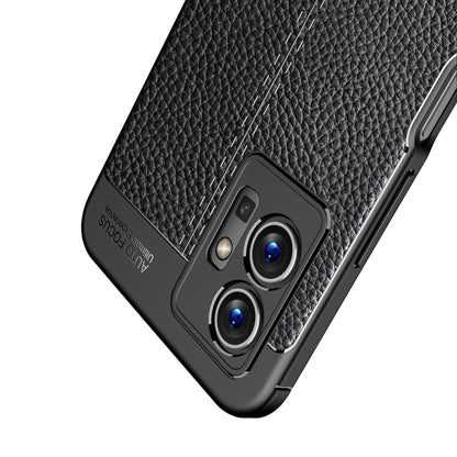 Black TPU phone case with litchi texture, dual camera lens cutouts, shockproof corners
