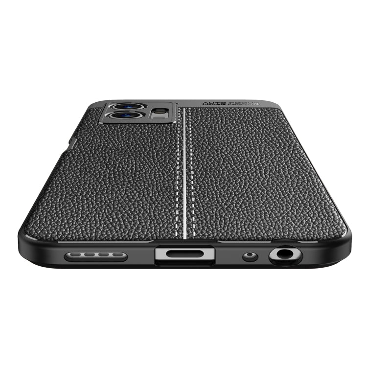 Black litchi-textured TPU case with speaker and port openings along the bottom edge