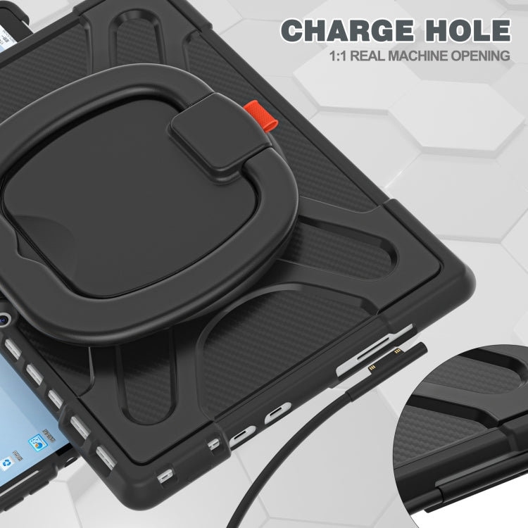 Black protective tablet case with charge opening and rear ring grip