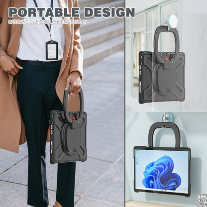 Black tablet case with folding handle and rear kickstand for desk support