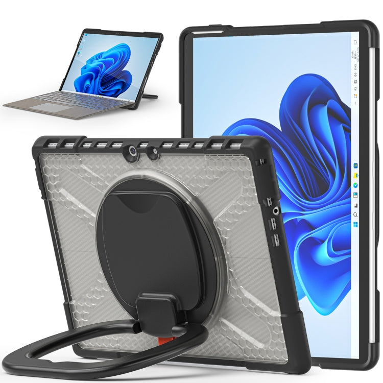 Black tablet case with transparent back panel, ring grip and front kickstand