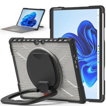 Black tablet case with transparent back panel, ring grip and front kickstand