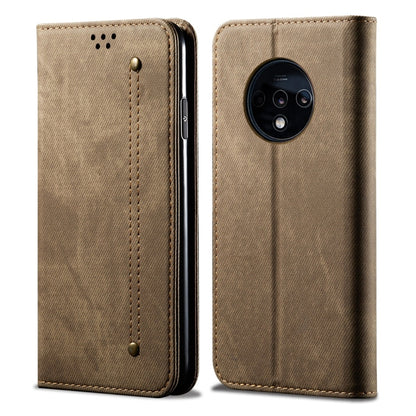Khaki denim-textured leather flip phone case with vertical stitching and camera cutout